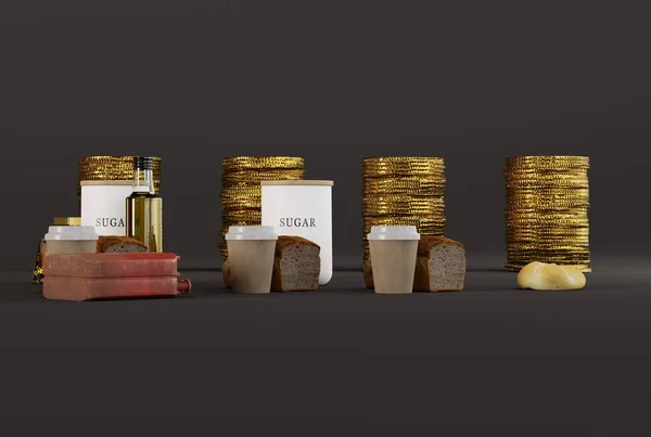 Verschiedene Produkte Auf Dem Hintergrund Von Goldmünzen Inflationskonzept Weniger Produkte — Stockfoto