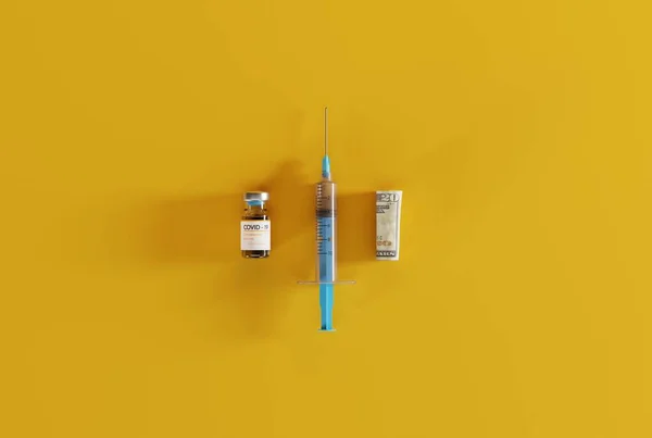 Una Jeringa Una Vacuna Covid Billete Enrollado Concepto Salud Atención —  Fotos de Stock