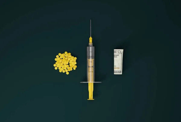 注射器と薬と紙幣を丸めた 健康と医療の概念 精神活性薬を購入 薬を服用 医療費 3Dレンダリング 3Dイラスト — ストック写真