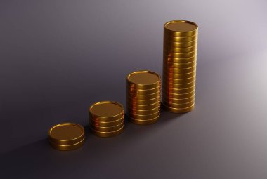 En küçük miktardan en büyük miktara kadar kara arka planda bir bozukluk. Altın paralar, iş ve finansal konsept. 3B görüntüleme, 3B illüstrasyon.