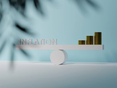 Bir tarafında INFLATION, diğer tarafında da madeni paralar olan bir rampa. Enflasyon kavramı, artan maliyetlerle ilgili sorunlar, aynı paraya daha az ürün. 3B görüntüleme; 3B resimleme.