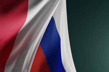 Rusya ve Polonya bayrağı. Polonya ile Rusya arasındaki diplomasi ve uluslararası ilişkiler kavramı. Çatışma ve Rusya 'nın Ukrayna' yla savaşı. 3B görüntüleme, 3B illüstrasyon.