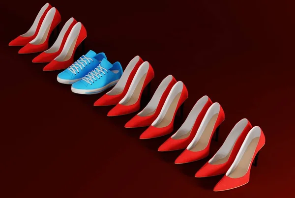暗い背景とスニーカーに高いヒール ハイヒールに対して快適な靴を着用するというコンセプト 女性のための快適な靴のための靴を変更 3Dレンダリング 3Dイラスト — ストック写真