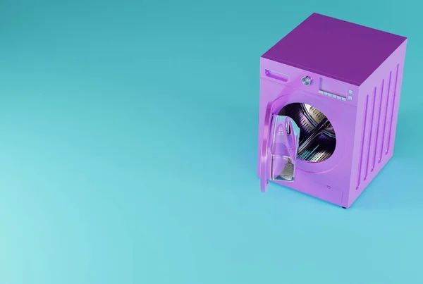 Wasmachine Een Blauwe Pastelachtergrond Concept Van Het Doen Van Met — Stockfoto
