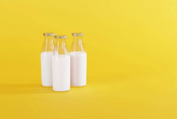 Retro bottles with milk on a yellow background. The concept of drinking milk, healthy eating. 3D render, 3D illustration.