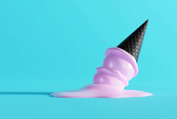 融化的冰激凌在一个黑色的华夫饼在地面上和蓝色的背景 吃冰淇淋的概念 冷却下来 现代冰淇淋与黑色华夫饼 3D渲染 3D插图 — 图库照片