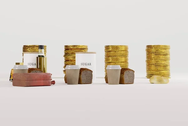 Verschiedene Produkte Auf Dem Hintergrund Von Goldmünzen Inflationskonzept Weniger Produkte — Stockfoto