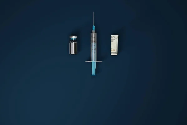 Μια Σύριγγα Ένα Εμβόλιο Covid Και Ένα Τυλιγμένο Τραπεζογραμμάτιο Υγειονομική — Φωτογραφία Αρχείου