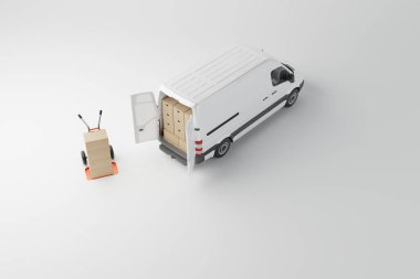 Beyaz arka planda karton kutular olan beyaz minibüs. Teslimat siparişi şirketinin taşımacılık kargo kamyonuyla iş geçmişi. 3d görüntüleme, 3d illüstrasyon.