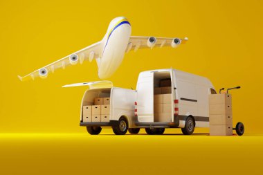 Üzerinde sarı arka planda uçak olan karton kutularla dolu iki ticari minibüs. Minibüslü servis servisi taşıma kutusu. 3d görüntüleme, 3d illüstrasyon.