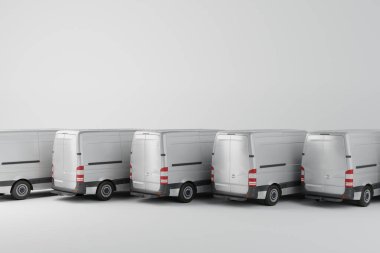 Beyaz arka planda birkaç minibüs teslimatı var. Ürün teslimatı, kurye işi, minibüs kiralama kavramı. 3d görüntüleme, 3d illüstrasyon.