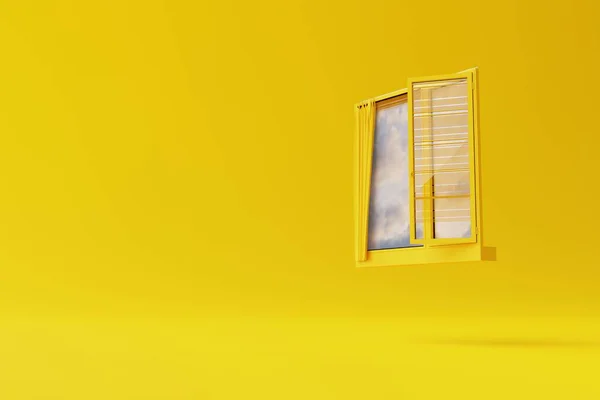 Uma Janela Isolada Contra Fundo Amarelo Com Céu Como Olhar — Fotografia de Stock