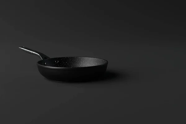黑色平底锅 深色底色 烹调的概念 买厨房设备 碗碟3D渲染 — 图库照片
