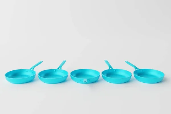 Sartenes Azules Sobre Fondo Blanco Concepto Freír Preparación Alimentos Renderizado — Foto de Stock