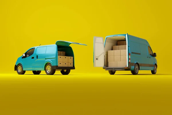 黄色の背景に段ボール箱付きの2つの商業配達ブルーバン 配達注文サービス会社輸送ボックスバントラックと 3Dレンダリング 3Dイラスト — ストック写真