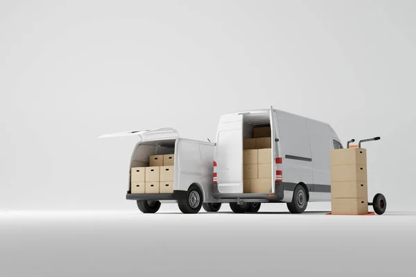 Two commercial delivery white vans with cardboard boxes on white background. Delivery order service company transportation box with vans truck. 3d rendering, 3d illustration.