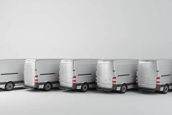 Several van delivery vans on a white background. Concept of delivering products, courier work, rental of vans. 3d render, 3d illustration.