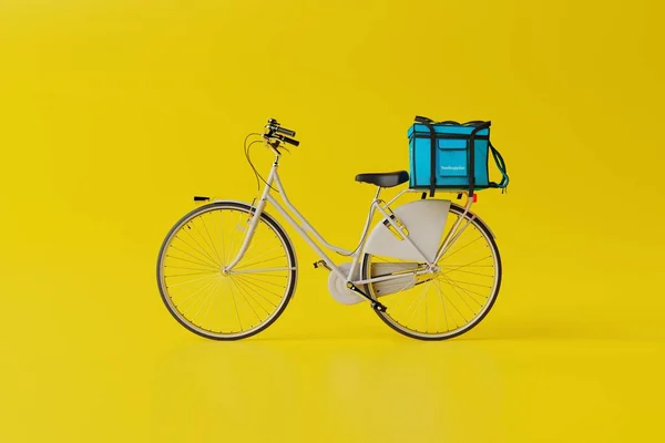 Vit Cykel Med Väska Med Mat Gul Bakgrund Begreppet Leverans — Stockfoto