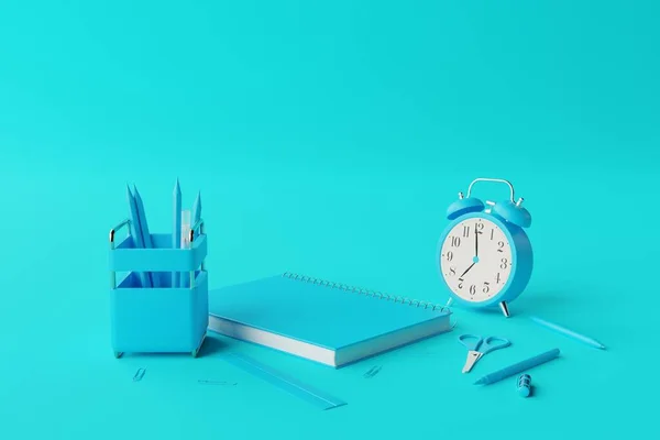 Pemandangan Perlengkapan Sekolah Notebook Pena Jam Alarm Konsep Untuk Kembali — Stok Foto