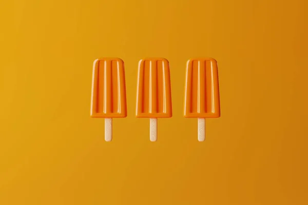 Orange ice lolly on an orange background. Concept of summer, vacation. Cooling down on warm days. 3d rendering, 3d illustration.