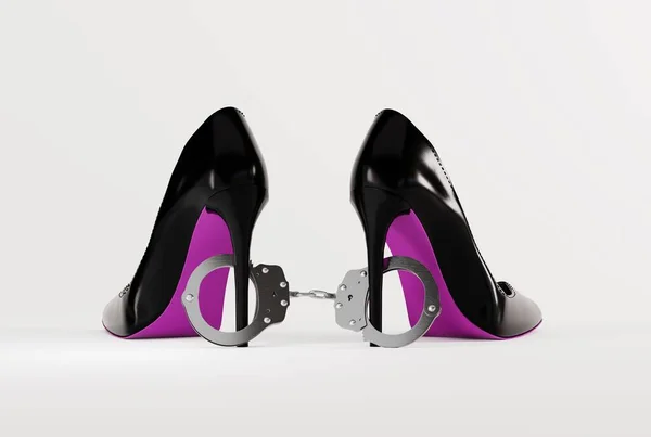 stock image High heels connected with handcuffs. The concept of fashion, fashion problems. Love games between a couple, diversifying life, bdsm. 3D render, 3D illustration.