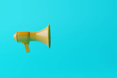 Arka planda megafon var. Bilgi ve haber sağlama kavramı. İş, Finans ve Sosyoloji. 3d görüntüleme, 3d illüstrasyon.