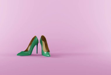 Pembe arka planda yüksek topuklar. Minimalist, moda ve güzellik konsepti. Kadınların yüksek topuklu ayakkabı giymesi. 3B görüntüleme, 3B illüstrasyon.