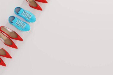 Beyaz arka planda yüksek topuklar ve spor ayakkabılar. Yüksek topuklulara karşı rahat ayakkabılar giyme kavramı. Kadınlar için rahat ayakkabılar değiştirmek. 3B görüntüleme, 3B illüstrasyon.