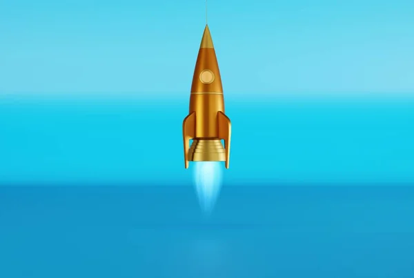 火箭在蓝色背景下起飞 商业概念 追求目标 3D渲染 3D插图 — 图库照片
