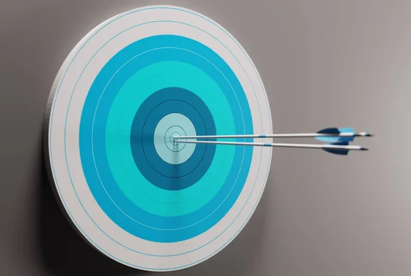 Target with embedded arrows. Archery target on a dark background. The concept of fulfilling the goal, striving to implement plans. 3D render, 3D illustration.