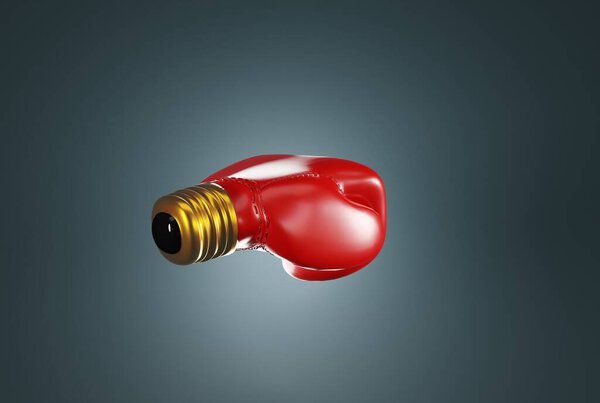 A boxing glove with a bulb tip on a dark blue background. Business concept, climbing the career ladder, fighting for promotion. 3D render; 3D illustration.