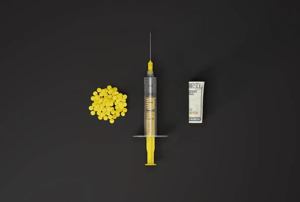 Μια Σύριγγα Χάπια Και Ένα Τυλιγμένο Χαρτονόμισμα Υγειονομική Και Ιατρική — Φωτογραφία Αρχείου