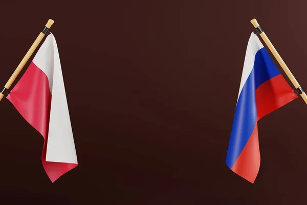 The flag of Russia and Poland. The concept of diplomacy and international relations between Poland and Russia. Conflict and the Russian war with Ukraine. 3D render, 3D illustration.
