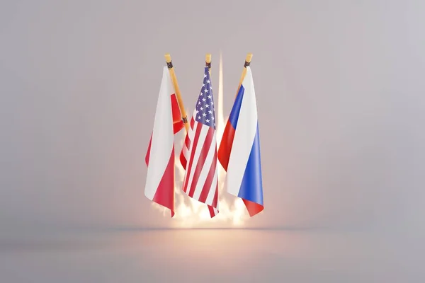 Flag of Russia, USA and Poland. The concept of diplomacy and international relations between Poland, the United States and Russia. Conflict and Russian war with Ukraine. 3D render, 3D illustration.