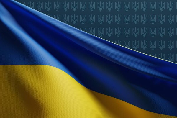 Флаг Украины на тёмном фоне. Концепция украинского гражданства, патриотизм. Отношения Украины с другими странами. Вид сверху с флагом Украины. 3D рендеринг, 3D иллюстрация.