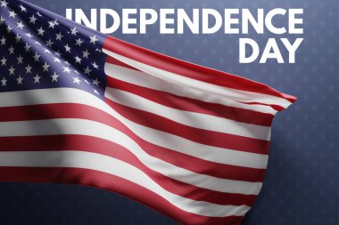 Amerika 'da Bağımsızlık Günü. 4 Temmuz ve Amerika Birleşik Devletleri Ulusal Günü. Üzerinde yazı olan koyu bir arka planda ABD bayrağı. 3d görüntüleme, 3d illüstrasyon.