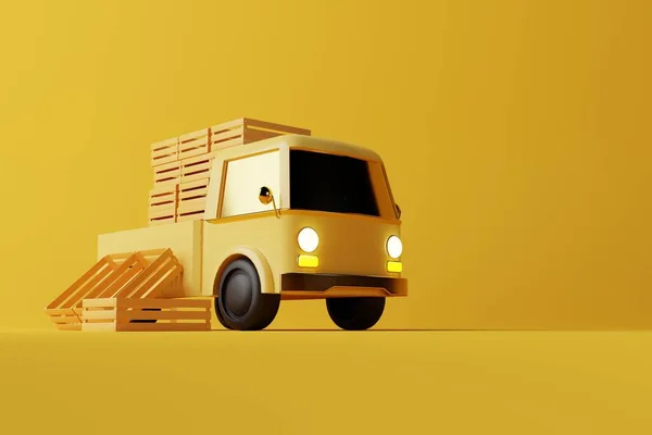 Mały Żółty Samochód Dostawczy Wózkami Koncepcja Pracy Kuriera Dostarczania Produktów — Zdjęcie stockowe