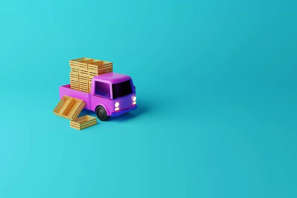 トロリーボックス付きの小さな紫色の配達トラック 宅配便の仕事の概念は 店に製品を提供します 供給者 3Dレンダリング 3Dイラストレーター — ストック写真