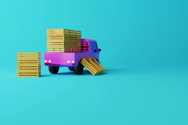 一辆装有推车箱的紫色小货车 信使工作的概念 把产品送到商店 供应商 3D渲染 3D插画 — 图库照片