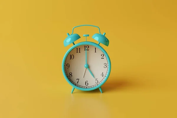 黄色の背景に青のレトロなターコイズ目覚まし時計 目を覚ますの概念は 午前中に立ち上がる 鐘を背景に見てください 3Dレンダリング 3Dイラストレーター — ストック写真