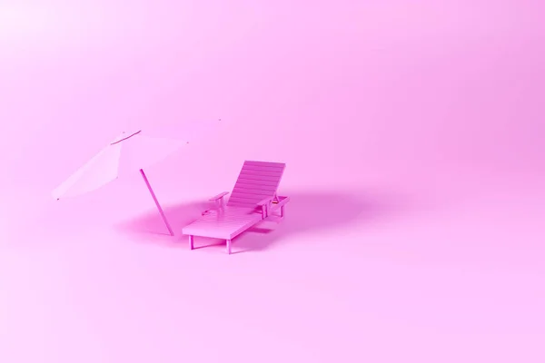 ピンクの背景にピンクのサンラウンジャーと傘 休暇の概念は ビーチや海の時間を過ごす 3Dレンダリング 3Dイラスト — ストック写真