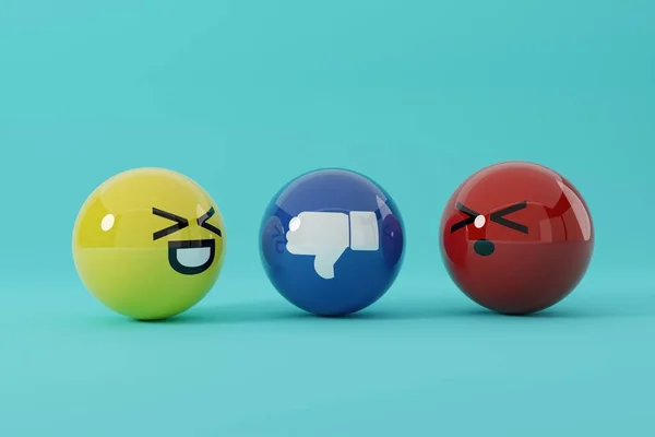 用情感来表达情感 社交媒体的概念 在互联网用户中使用情感符号 Emoji在用各种面部表情和情绪 国际纪念日 3D渲染 3D插图 — 图库照片