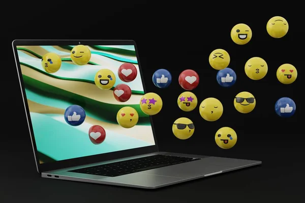 Emocje Wychodzące Komputera Laptopa Koncepcja Mediów Społecznościowych Wykorzystująca Emotikony Wśród — Zdjęcie stockowe