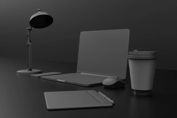 Abstrakcyjny Laptop Lampa Telefon Tablet Czarnym Pastelowym Kolorze Czarnym Tle — Zdjęcie stockowe