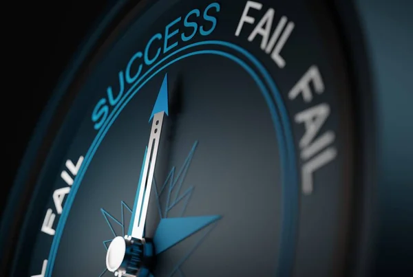 Compass pointing in the direction of success. The concept of winning, achieving success. A compass showing the direction of success instead of fail. 3D render; 3D illustration.