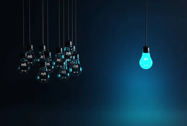 One light bulb on the background of many extinguished light bulbs. Business concept, idea discovery, idea. Brainstorming, and teamwork. 3D render; 3D illustration.