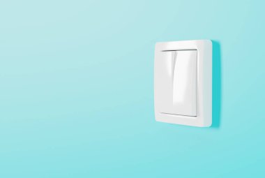 Mavi arka planda ışık düğmesi. Elektrik kullanma, elektrik tasarrufu kavramı. 3B görüntüleme, 3B illüstrasyon.