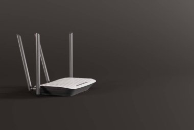 Karanlık bir arka planda internet yönlendiricisi. İnternet ve veri transferi kavramı. İnternet hızlandırıcısı, internet sağlayıcısı. 3B görüntüleme, 3B illüstrasyon.