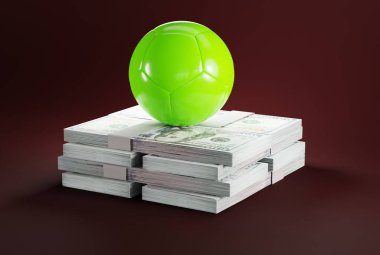Bir yığın banknotun üzerindeki top. Yolsuzluk ve futbol maçı satın alma kavramı. Spor sorunları, satın alma müsabakaları, 3 boyutlu çizim, 3 boyutlu illüstrasyon.