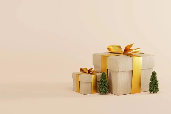 Geschenken Dozen Een Lichte Achtergrond Een Kleine Kerstboom Ernaast Concept — Stockfoto